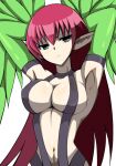  1girl armpits arms_up bangs breasts cleavage duel_monster feathered_wings green_feathers grey_eyes harpie_lady harpie_lady_#1 harpy kairi_(fotune) large_breasts long_hair monster_girl navel pointy_ears red_hair simple_background solo white_background winged_arms wings yu-gi-oh! yu-gi-oh!_duel_monsters 