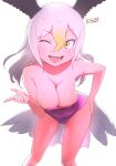  1girl ;d bald_eagle_(kemono_friends) bangs bare_arms bare_shoulders bird_tail blonde_hair breasts cleavage collarbone commentary_request eyebrows_visible_through_hair gradient_hair hair_between_eyes hand_on_hip head_wings highres kemono_friends leaning_forward long_hair looking_at_viewer masuyama_ryou medium_breasts multicolored_hair one-piece_swimsuit one_eye_closed open_mouth purple_swimsuit simple_background smile solo swimsuit tail white_background white_hair yellow_eyes 