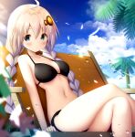  1girl ahoge bangs bare_arms bare_shoulders bikini black_bikini blue_eyes blue_sky blurry blurry_foreground blush braid breasts chair closed_mouth cloud cloudy_sky collarbone crossed_legs day depth_of_field eyebrows_visible_through_hair feet_out_of_frame hair_between_eyes hair_ornament kizuna_akari long_hair lounge_chair medium_breasts murano navel outdoors palm_tree silver_hair sky solo star_(symbol) swimsuit tree twin_braids twintails very_long_hair voiceroid water_drop 