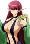  1girl bangs breasts cleavage covered_nipples duel_monster feathered_wings green_feathers hair_between_eyes harpie_lady harpie_lady_#1 harpy kairi_(fotune) large_breasts long_hair monster_girl navel pointy_ears red_hair shadow simple_background smile solo talons upper_body white_background winged_arms wings yu-gi-oh! yu-gi-oh!_duel_monsters 