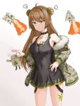  1girl absurdres annoyed black_choker black_shirt bow breasts brown_hair camouflage camouflage_jacket choker cleavage closed_mouth collarbone daisy_cutter double_bun eyebrows_visible_through_hair feet_out_of_frame fur-trimmed_jacket fur_collar fur_trim girls&#039;_frontline green_bow green_eyes hair_bow hand_on_hip highres holding jacket jacket_pull light_brown_hair long_hair looking_down medium_breasts open_clothes open_jacket rfb_(girls&#039;_frontline) shirt simple_background solo standing 
