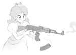  1girl ak-47 assault_rifle bangs crown dress earrings english_commentary flower_earrings greyscale gun hair_behind_ear holding holding_gun holding_weapon jewelry juliet_sleeves long_sleeves magazine_(weapon) mario_(series) mathias_leth monochrome princess_daisy puffy_sleeves reloading rifle smoke smoking_gun solo weapon white_background 