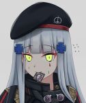  1girl bangs beret blue_hair closed_mouth condom condom_in_mouth daisy_cutter eyebrows_visible_through_hair girls&#039;_frontline green_eyes hat hk416_(girls&#039;_frontline) holding holding_condom long_hair looking_at_viewer mouth_hold simple_background solo_focus sweat uniform 