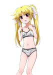  1girl adjusting_bra adjusting_clothes animal_print bangs blonde_hair bow bow_panties bra cat_print commentary_request crotch_seam eyebrows_visible_through_hair fate_testarossa grey_bra grey_panties hair_ribbon highres long_hair looking_at_viewer lyrical_nanoha mahou_shoujo_lyrical_nanoha miyajima_hitoshi navel open_mouth panties print_bra print_panties red_eyes ribbon simple_background smile solo standing strap_slip training_bra twintails underwear underwear_only white_background white_ribbon 