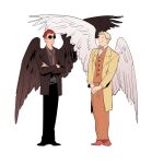  2boys angel apios1 aziraphale_(good_omens) black_eyes black_footwear black_jacket black_pants black_wings blonde_hair bow bowtie brown_neckwear buttons closed_mouth commentary crossed_arms crowley_(good_omens) eye_contact feathered_wings full_body good_omens grey_shirt hands_together happy highres jacket legs_together long_sleeves looking_at_another loose_necktie male_focus multiple_boys necktie open_clothes open_jacket orange_pants orange_vest pants red_footwear red_hair round_eyewear shirt shoes short_hair sideways_mouth smile standing sunglasses symmetry v-shaped_eyebrows vest white_shirt white_wings wings yellow_jacket 