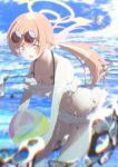  1girl blue_archive blurry blurry_background blush breasts cleavage collarbone eyewear_on_head halo harikonoma hifumi_(blue_archive) highres light_brown_hair long_hair looking_at_viewer low_twintails ocean open_mouth sky small_breasts solo sunglasses swimsuit twintails water water_drop wet yellow_eyes 