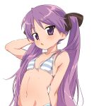  1girl arm_behind_head bangs bikini blush breasts collarbone commentary_request eyebrows_visible_through_hair hand_up highres hiiragi_kagami hotaru_iori ichimi_renge linea_alba long_hair looking_at_viewer lucky_star navel open_mouth purple_eyes purple_hair simple_background small_breasts solo stomach striped striped_bikini swimsuit twintails upper_body very_long_hair water_drop wet wet_hair white_background 