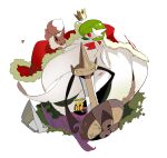  1girl :3 aegislash apios1 bangs black_eyes black_sclera bob_cut brown_eyes cape colored_sclera colored_skin commentary day dress eevee elbow_gloves flat_chest from_above fur-trimmed_cape fur_trim gardevoir gen_1_pokemon gen_2_pokemon gen_3_pokemon gen_6_pokemon gloves grass green_hair hair_over_one_eye happy highres looking_at_another mega_gardevoir mega_pokemon one-eyed open_mouth outdoors pokemon pokemon_(creature) purple_eyes red_cape red_eyes rust shield short_hair slit_pupils smile strapless strapless_dress sunkern sword weapon white_background white_dress white_gloves white_skin 