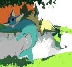  :&lt; animal_focus apios1 black_eyes closed_eyes closed_mouth commentary dappled_sunlight day gen_1_pokemon gen_4_pokemon grass highres leafeon looking_at_viewer lying no_humans outdoors pawpads pokemon pokemon_(creature) sketch sleeping sunlight tree vaporeon 