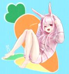  1girl absurdres ahoge animal_ears barefoot blue_background bunny_ears carrot fang feet full_body highres hood knees_up leaning_back legs long_hair open_mouth pink_eyes pink_hair pink_shirt pink_shorts sakuma_(saku0ma) shirt shorts simple_background sitting smile solo striped striped_shirt striped_shorts thighs toes tomari_mari tomari_mari_channel virtual_youtuber 