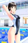 1girl absurdres armpits arms_behind_head bangs bench black_hair black_swimsuit blunt_bangs brown_eyes competition_swimsuit cowboy_shot highres indoors lane_line looking_at_viewer multicolored multicolored_clothes multicolored_swimsuit one-piece_swimsuit original pool short_hair solo standing swimsuit takafumi two-tone_swimsuit 