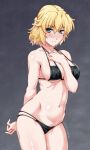  1girl bikini black_bikini blonde_hair blush breasts closed_mouth commentary_request eyebrows_visible_through_hair green_eyes highres looking_at_viewer mizuhashi_parsee ootsuki_wataru pointy_ears short_hair solo swimsuit touhou 