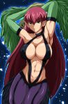  1girl armpits arms_up bangs breasts cleavage covered_nipples cowboy_shot duel_monster feathered_wings green_feathers hair_between_eyes harpie_lady harpie_lady_#1 harpy highres kairi_(fotune) large_breasts long_hair looking_at_viewer monster_girl navel pointy_ears red_hair shadow smile solo very_long_hair winged_arms wings yu-gi-oh! yu-gi-oh!_duel_monsters 