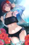  1girl :o arm_up armpits ass_visible_through_thighs bangs bikini black_bikini black_choker blue_jacket blurry blurry_background blurry_foreground blush brown_hair choker commentary_request cowboy_shot drawstring dutch_angle eyebrows_visible_through_hair flat_chest flower frilled_bikini frills fujita_kanbe hair_between_eyes hair_flower hair_ornament hairclip hands_up higuchi_madoka idolmaster idolmaster_shiny_colors jacket long_sleeves looking_at_viewer midriff mole mole_under_eye navel open_clothes open_jacket parted_lips petals petals_on_liquid purple_eyes revision short_hair sidelocks solo standing swept_bangs swimsuit wading water wet x_hair_ornament 