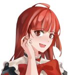  1girl adjusting_hair ahoge ameiarts artist_name bangs blunt_bangs blush bow commentary eyebrows_visible_through_hair heart highres hololive hololive_indonesia kureiji_ollie large_bow long_hair looking_at_viewer olivia_(kureiji_ollie) open_mouth red_eyes red_hair red_neckwear simple_background solo virtual_youtuber white_background 