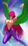  1girl armpits arms_up breasts duel_monster feathered_wings green_eyes green_feathers hackanvas hair_between_eyes harpie_lady harpie_lady_#1 harpy highres large_breasts long_hair monster_girl navel nipples pointy_ears purple_legwear red_hair shadow smile solo talons tongue tongue_out very_long_hair winged_arms wings yu-gi-oh! 