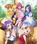  6+girls :d ai-chan_(dokidoki!_precure) aida_mana arm_support barefoot blonde_hair blue_dress blue_eyes blue_neckwear blue_sailor_collar blue_skirt blue_sky blush bow brown_eyes brown_hair brown_vest casual commentary_request crossed_legs davi_(dokidoki!_precure) day dokidoki!_precure double_bun dress eyebrows_visible_through_hair eyelashes from_behind grin hair_bow hand_on_own_cheek hand_on_own_face heart_hair_bun highres hishikawa_rikka jacket kenzaki_makoto knee_up layered_clothing leaf long_hair looking_at_viewer looking_back madoka_aguri medium_dress medium_hair miniskirt multiple_girls nakahira_guy neckerchief one_knee open_mouth outdoors outstretched_arm outstretched_hand pink_shirt plant precure purple_hair purple_skirt rakeru_(dokidoki!_precure) rance_(dokidoki!_precure) red_bow red_dress red_hair regina_(dokidoki!_precure) sailor_collar sailor_dress sharuru_(dokidoki!_precure) shirt short_dress short_hair short_sleeves sitting skirt sky smile soaking_feet textless vest water white_shirt yellow_dress yellow_jacket yotsuba_alice 