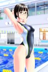  1girl absurdres armpits arms_behind_head bangs bench black_hair black_swimsuit blunt_bangs brown_eyes commentary_request competition_swimsuit cowboy_shot glasses highres indoors lane_line looking_at_viewer multicolored multicolored_clothes multicolored_swimsuit one-piece_swimsuit original pool short_hair solo standing swimsuit takafumi two-tone_swimsuit 