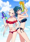  2girls bangs beach bikini bikini_top blue_eyes blue_hair blush breasts byleth_(fire_emblem) byleth_(fire_emblem)_(female) cleavage edelgard_von_hresvelg fire_emblem fire_emblem:_three_houses front-tie_top hair_ornament highres large_breasts long_hair looking_at_viewer multiple_girls navel side-tie_bikini smile swimsuit twintails water_gun yudepan_(yuri_no_sugata) yuri 