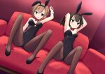  2girls absurdres akizuki_(kancolle) animal_ears bare_shoulders black_legwear black_leotard bow bowtie braid bunny_ears couch detached_collar dutch_angle grey_eyes hair_ornament highres kakizaki_(chou_neji) kantai_collection leotard light_brown_hair long_hair looking_at_viewer multiple_girls pantyhose playboy_bunny propeller_hair_ornament red_neckwear sitting strapless strapless_leotard teruzuki_(kancolle) twin_braids wrist_cuffs 