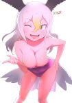  1girl ;d bald_eagle_(kemono_friends) bangs bare_arms bare_shoulders bird_tail blonde_hair breasts cleavage collarbone commentary eyebrows_visible_through_hair gradient_hair hair_between_eyes hand_on_hip head_wings highres kemono_friends leaning_forward long_hair looking_at_viewer masuyama_ryou medium_breasts multicolored_hair one-piece_swimsuit one_eye_closed open_mouth purple_swimsuit simple_background smile solo swimsuit tail white_background white_hair yellow_eyes 