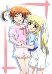  2girls ;d arm_around_back arm_around_waist bangs blonde_hair blouse blue_eyes blue_jacket brown_hair eyebrows_visible_through_hair fate_testarossa frilled_blouse frilled_shorts frills hair_ribbon holding_hands hug interlocked_fingers jacket long_hair looking_at_viewer lyrical_nanoha mahou_shoujo_lyrical_nanoha miniskirt miyajima_hitoshi multiple_girls one_eye_closed open_mouth pink_blouse red_eyes ribbon shadow short_hair short_shorts short_sleeves shorts skirt smile standing takamachi_nanoha twintails white_background white_ribbon white_shorts white_skirt yuri 