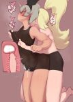  2girls bea_(pokemon) black_bodysuit blonde_hair blush bodysuit clothed_sex commentary_request cum cum_in_clothes cum_through_clothes futa_with_futa futanari grey_hair internal_cumshot kiss kissing_neck kneeling korrina_(pokemon) multiple_girls nipple_tweak penis pokemon pokemon_(game) pokemon_swsh pokemon_xy ponytail sex sex_from_behind short_hair simple_background topless umonebi 