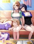  3girls asaka_karin bedroom black_hair blush braid breasts brown_hair closed_eyes couch emma_verde eyelashes head_on_another&#039;s_shoulder highres indoors konoe_kanata lap_pillow large_breasts love_live! love_live!_nijigasaki_high_school_idol_club mia_(fai1510) multiple_girls on_couch parted_lips shorts sitting sleeping thighs twin_braids twintails 