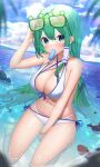  1girl bangs between_legs bikini blue_sky blurry blurry_foreground breasts cleavage cloud eyewear_on_head food full_body green-framed_eyewear green_eyes green_hair green_nails hair_ornament hair_tubes hand_between_legs highres kiramarukou kochiya_sanae large_breasts long_hair looking_at_viewer navel ocean outdoors partially_submerged popsicle seiza sitting sky snake_hair_ornament solo stone swimsuit touhou tree white_bikini 