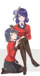  2girls absurdres bangs black_hair black_legwear blunt_bangs braid breasts closed_mouth commentary_request crossed_legs flower genshin_impact hair_flower hair_ornament highres hyakkaou_academy_uniform jacket jjooeeuumm kakegurui korean_commentary kujou_sara_(genshin_impact) large_breasts long_hair looking_at_viewer mask mask_on_head mole mole_under_eye multiple_girls open_mouth pantyhose pleated_skirt purple_eyes purple_flower purple_hair raiden_(genshin_impact) red_jacket sawashiro_miyuki school_uniform seiza short_hair simple_background sitting skirt voice_actor_connection white_background yellow_eyes 