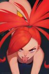  1girl all_fours ass blurry blurry_background breasts cleavage crimson_kaiserin flannery_(pokemon) hair_tie highres looking_at_viewer open_mouth piercing pink_eyes pokemon pokemon_(game) pokemon_rse red_hair solo thong tongue tongue_out tongue_piercing 