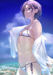  1girl absurdres asakura_tooru bare_shoulders bikini blue_eyes brown_hair cloud cloudy_sky earrings flat_chest gradient_hair grey_eyes highres idolmaster idolmaster_shiny_colors jewelry multicolored_hair navel q_(ed69) removing_jacket side-tie_bikini sky solo swimsuit water white_bikini 