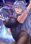  1girl animal_ears arm_up armpits azur_lane bangs black_legwear blue_eyes blue_hair blue_leotard blush breasts bunny_ears covered_navel crossed_bangs eyebrows_visible_through_hair from_side highres large_breasts leotard long_hair looking_at_viewer looking_to_the_side new_jersey_(azur_lane) open_mouth pantyhose patreon_username playboy_bunny sleeveless smile solo zynxy 