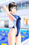  1girl absurdres armpits arms_behind_head bangs bench black_hair blue_swimsuit blunt_bangs brown_eyes commentary_request competition_swimsuit cowboy_shot glasses highres indoors lane_line looking_at_viewer multicolored multicolored_clothes multicolored_swimsuit one-piece_swimsuit original pool short_hair solo standing swimsuit takafumi two-tone_swimsuit 