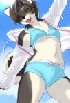 1girl :d ^_^ animal_ears animal_nose arm_up bikini blue_bikini blue_sky body_fur breasts brown_hair closed_eyes cloud commentary_request day dog_ears dog_girl dog_tail fangs furry highres jacket kikurage_(crayon_arts) open_clothes open_jacket open_mouth original short_hair sky small_breasts smile snout solo swimsuit tail teeth thighs white_jacket 