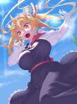  1girl animal_ears black_dress blonde_hair blue_sky breasts cloud commentary day dragon_ears dragon_girl dragon_horns dragon_tail dress gloves horns kobayashi-san_chi_no_maidragon large_breasts long_hair maid maid_headdress onsoku_inu open_mouth orange_eyes original sky slit_pupils solo sunlight tail tohru_(maidragon) white_gloves 