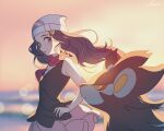  1girl bare_arms beanie black_hair blurry blurry_background commentary_request dawn_(pokemon) eyelashes film_grain floating_hair floating_scarf gen_4_pokemon grey_eyes hair_ornament hairclip hari611 hat highres long_hair looking_to_the_side luxray outdoors pokemon pokemon_(creature) pokemon_(game) pokemon_dppt scarf shirt skirt sleeveless sleeveless_shirt white_headwear 