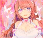  1girl alice_sawyer_(artist) blush breasts brown_hair bug butterfly cleavage detached_sleeves dress english_commentary eyebrows_behind_hair highres indie_virtual_youtuber insect large_breasts long_hair nina_saotome purple_eyes smile solo white_dress 