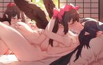  3girls ass_grab black_hair breasts brown_hair completely_nude fff_threesome futon group_sex hanging_breasts hat himekaidou_hatate holding iizunamaru_megumu implied_cunnilingus kiss lactation long_hair medium_breasts multiple_girls nude pillow pointy_ears red_eyes senmuts sex shameimaru_aya short_hair threesome tokin_hat touhou twintails yuri 