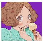  1girl aqua_dress arms_up blue_dress blush border brown_hair collar collared_dress curly_hair dress food hands_up holding holding_food ice_cream ivxxx light_brown_hair looking_to_the_side okumura_haru open_mouth parted_lips persona persona_5 purple_background short_hair simple_background solo teeth white_border 