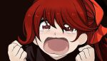  1girl bangs black_jacket crying crying_with_eyes_open eiji_nochi english_commentary hair_ribbon highres jacket kono_subarashii_sekai_ni_shukufuku_wo! long_hair looking_at_viewer multiple_views parody persona persona_5 ponytail red_eyes red_hair red_ribbon ribbon smug tears trembling wavy_mouth yoshizawa_kasumi 