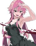  1girl absurdres armpits bangs black_dress blood blood_spray collarbone covered_navel dress eyebrows_visible_through_hair gasai_yuno highres holding holding_knife knife long_hair looking_at_viewer mirai_nikki open_mouth pink_eyes pink_hair rauto scalpel simple_background solo twintails upper_body white_background 