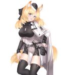  1girl :d animal_ear_fluff animal_ears arknights bangs beijiushui black_headwear black_legwear black_ribbon black_shorts blonde_hair blue_eyes breasts cape commentary_request fang feet_out_of_frame hair_ribbon hand_on_hip head_tilt highres horse_ears horse_tail kingdom_of_kazimierz_logo large_breasts long_hair looking_at_viewer open_mouth ribbon short_shorts shorts simple_background skin_fang smile solo tail thighhighs thighs whislash_(arknights) white_background white_cape 
