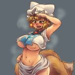  1girl arm_up blonde_hair blush breasts brown_eyes chanta_(ayatakaoisii) fox_tail grey_background hat large_breasts midriff multiple_tails navel pillow_hat shirt short_hair short_sleeves simple_background skirt solo steam sweat tabard tail touhou underboob white_headwear white_shirt white_skirt yakumo_ran 