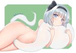  1girl artist_request bangs black_hairband blue_eyes bow eyebrows_visible_through_hair feet_out_of_frame ghost hair_bow hairband hip_bones hug konpaku_youmu konpaku_youmu_(ghost) looking_at_viewer lying navel nude on_side ribbon short_hair signature silver_hair simple_background smile solo thighs touhou 
