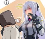  1boy 1girl 3_small_spiders ak-12_(girls&#039;_frontline) bangs black_gloves blush braid closed_mouth girls&#039;_frontline gloves hand_on_another&#039;s_shoulder highres long_hair long_sleeves looking_at_another partially_fingerless_gloves ponytail shaded_face shirt sidelocks silver_hair smile two-tone_background white_shirt 