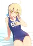  1girl ahoge arm_support artoria_pendragon_(all) blonde_hair blue_swimsuit braid braided_bun breasts fate/grand_order fate_(series) food looking_at_viewer mysterious_heroine_x_(alter)_(fate) name_tag namonashi one-piece_swimsuit open_mouth popsicle reclining ringed_eyes school_swimsuit small_breasts solo swimsuit tongue tongue_out white_background yellow_eyes 