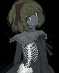  1girl bangs black_background black_dress danganronpa_(series) danganronpa_3_(anime) dress from_behind green_eyes green_hair hairband highres looking_at_viewer looking_back ribs sailor_collar short_hair skeleton_print sketch smile solo towa_monaka vo1ez 