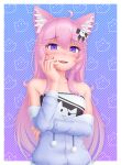  1girl :d absurdres ahoge animal_ear_fluff animal_ears bangs bare_shoulders blush cat_ears collarbone commentary detached_sleeves eyebrows_visible_through_hair fang hair_between_eyes hair_ornament hand_on_own_cheek hand_on_own_face highres huge_filesize long_hair looking_at_viewer nyatasha_nyanners open_mouth pink_hair purple_eyes simple_background smile solo upper_body virtual_youtuber vshojo wlper 