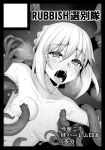  1girl ahegao artoria_pendragon_(all) black_border blush border braid braided_bun breasts circle_cut completely_nude ear_fuck eyebrows_visible_through_hair fate/stay_night fate_(series) greyscale monochrome namonashi nipple_tweak nude open_mouth restrained rolling_eyes saber sidelocks small_breasts solo tears tentacles upper_body 